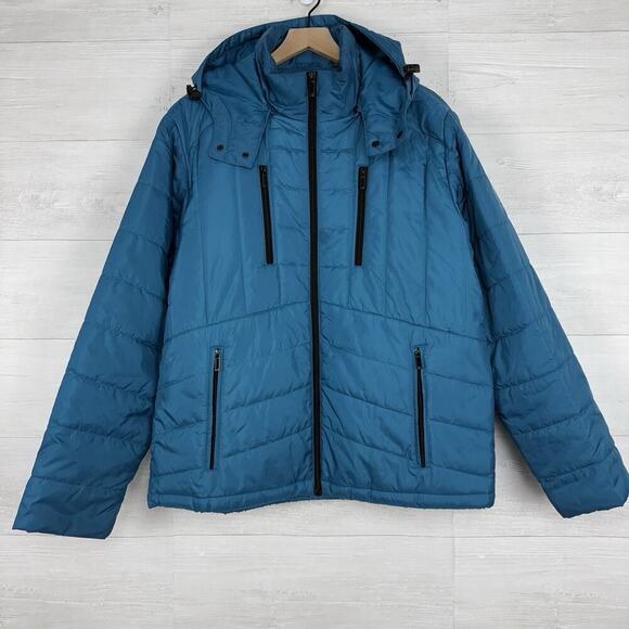 Tumi T-Tech Mens Quilted Jacket Size L Teal with Stowaway Hood Full Zip Pockets - Picture 1 of 15